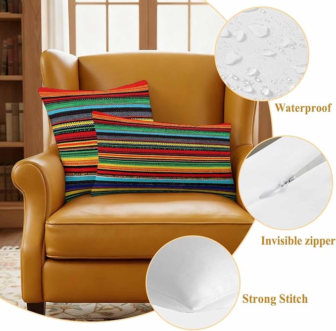 Colorful Stripes Outdoor Waterproof Throw Pillow Covers Set of 2, 20"x12", Mexican Aztec Abstract Ethnic Decorative Pillow Covers Outside Cushion Case for Patio Porch Garden