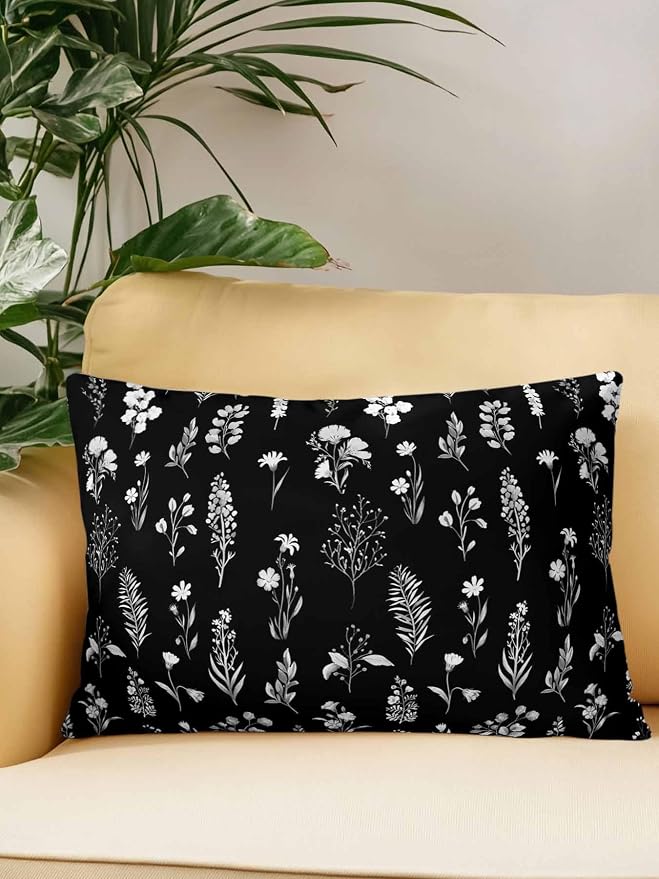 Outdoor Pillows with Inserts 12x20, Black Wildflowers Waterproof Outdoor/Indoor Throw Pillows, Farmhouse Botanical Garden Floral Decorative Pillow for Bed Couch Sofa Patio Furniture