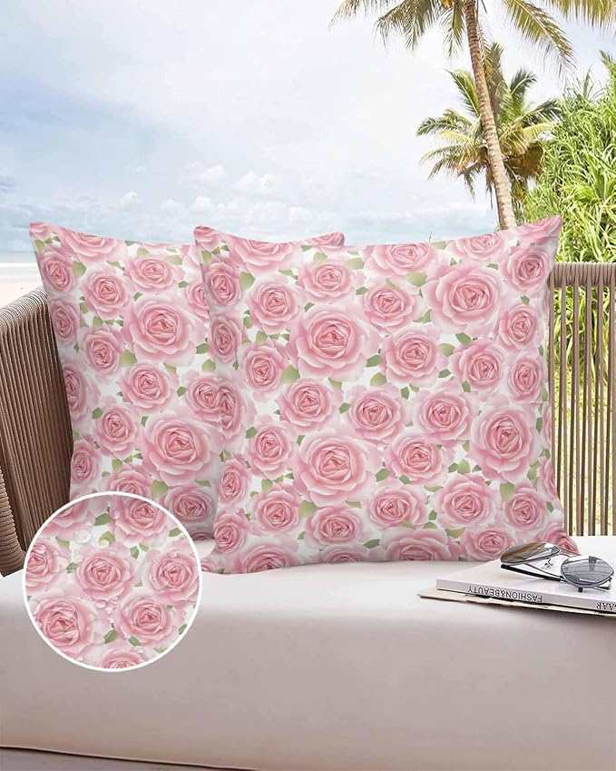 Vandarllin Outdoor Throw Pillows Covers 26x26 inch Set of 2 Waterproof Pink Rose Floral Decorative Zippered Cushion Covers for Patio Furniture, Flowers Leaves Plants Lumbar Pillowcases