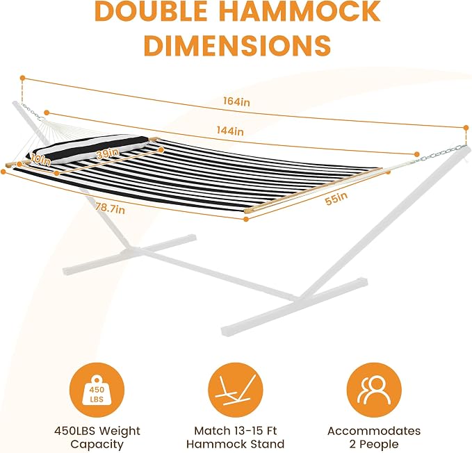 Lazy Daze Hammocks 12FT Quilted Fabric Double Hammock with Spreader Bars and Detachable Pillow, 2-Person for Outside Patio Poolside Backyard Beach, 450 lbs Capacity, Black White