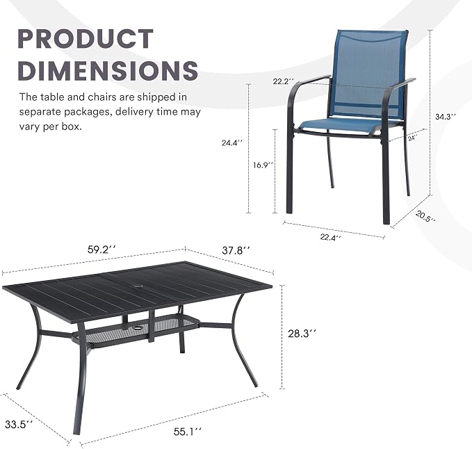 7 Pieces Patio Dining Set, 59" Rectangular Dining Table with Umbrella Hole, 6 Stackable Textilene Fabric Chairs, Metal Structure for Patio, Porch, Garden(Black Table, Blue Chair)
