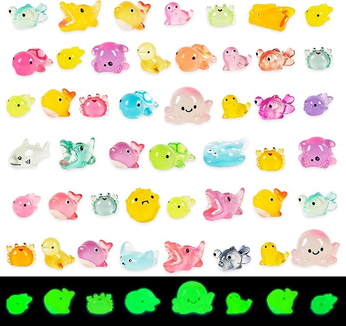 FEXIA 50 Pcs Ocean Mini Resin Animals Tiny Aquariums Decor Glow in The Dark Resin Figures Luminous for Garden Landscape Sea Decor DIY