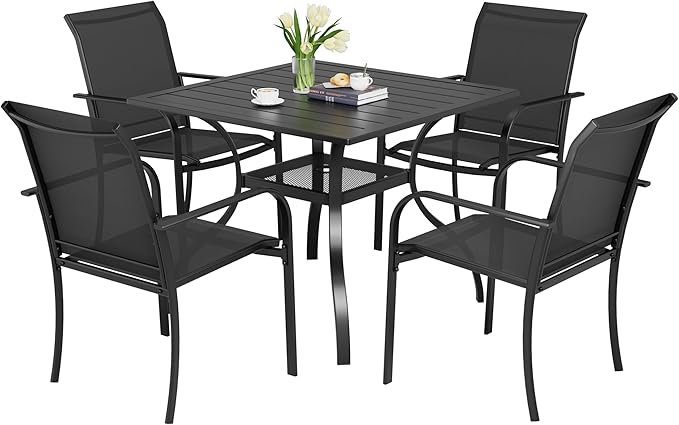 Incbruce 5 Pieces Patio Dining Set, Outdoor Dining Set of 4 Textilene Chairs and Square Table with Umbrella Hole for Backyard, Garden, and Poolside (Black)