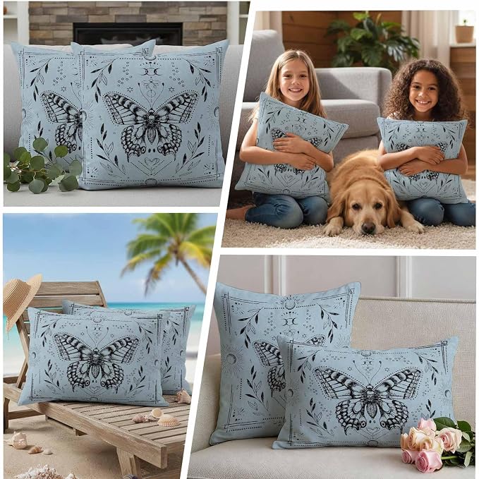 Magical Theme Outdoor Pillow Covers Set of 2 Witchy Art Butterfly Sun and Moon Waterproof Throw Pillow Cover Decorative Cushion Cases for Patio Porch Garden 16X16 Inch