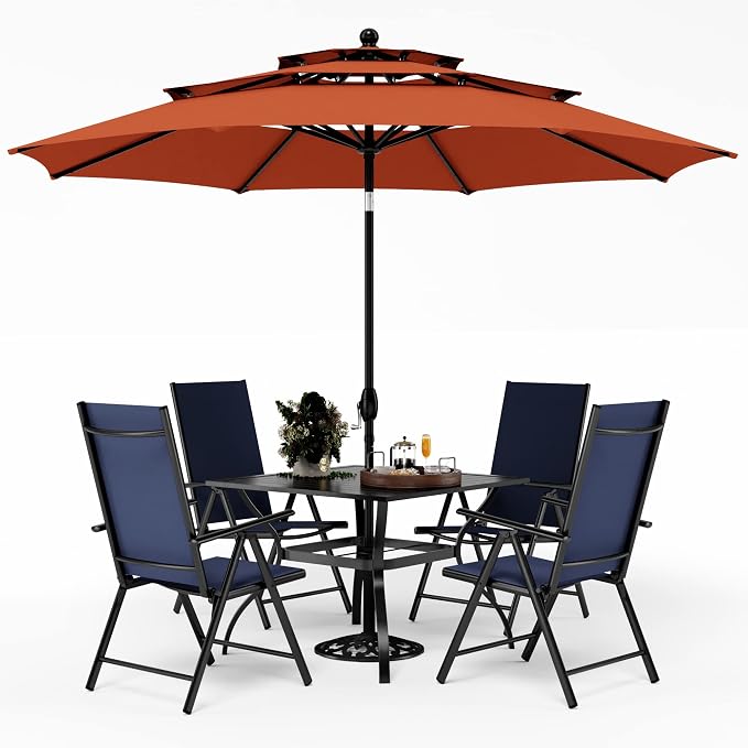 PHI VILLA Outdoor Dining Set with Umbrella for 4, Patio Dining Set with Metal Table and Adjustable Blue Folding Chairs for Yard, Lawn and Garden (Orange Red Umbrella Without Base)