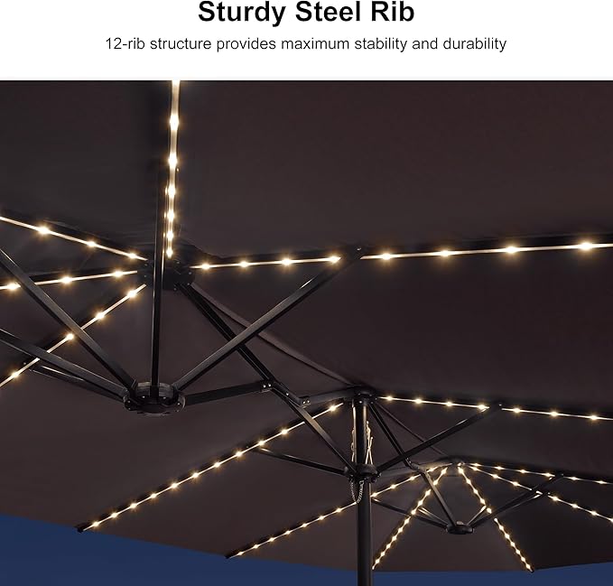 PURPLE LEAF 15ft Patio Market Umbrella with Solar LED and Base Double-Sided Rectangle Outdoor Table Sun Umbrellas with Crank for Pool Beach Deck Backyard Gray