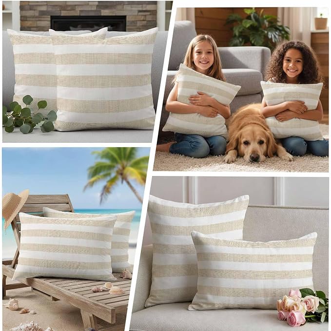 Vintage Linen Outdoor Waterproof Throw Pillow Covers Set of 2, 20"x12", Striped Beige Theme Farmhouse Decorative Pillow Covers Outside Cushion Case for Patio Porch Garden