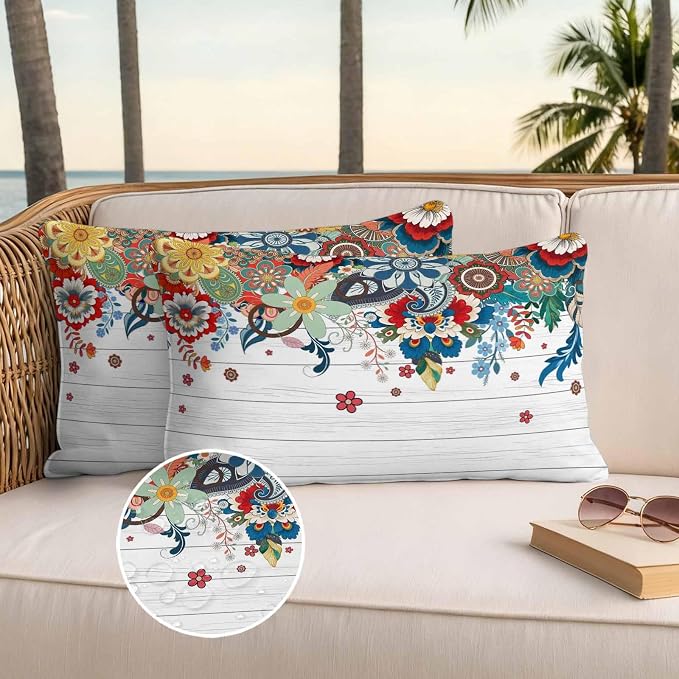 Boho Flowers Waterproof Outdoor Pillow Covers Set of 2 Home Decor, Bohemian Abstract Floral Vintage Wood Plank Pillowcase Patio Pillow Covers for Couch Bench Furniture Garden 20x12in