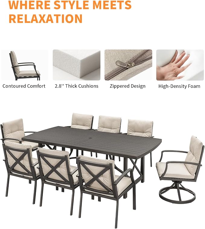 9 Pieces Outdoor Dining Set, Never-Rust Aluminum Patio Dining Set for 8, Patio Table and Chairs Set with 2 Swivel Rocker Chairs, Patio Furniture Setfor Decks, Garden, Lawn, Gunmetal