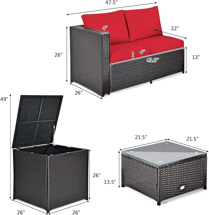 DORTALA 4-Piece Outdoor Patio Furniture Set, Weather Resistant PE Rattan Conversation Set with 2 Loveseats, Outdoor Sectional Sofa Set with Comfy Cushions for Garden and Poolside, Red