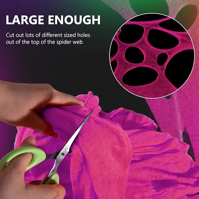 Glow in The Dark Pink 1000 Sqft Uncut Giant Spider Web Halloween Decorations Outdoor with 1 Black Light &10 Ground Nails Stretchy Beef Cloth Netting Cut-Your-Own for Yard Party