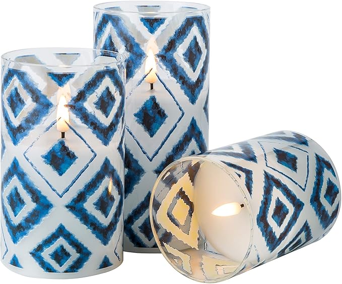 Eywamage Blue Geometric Flameless Candles in Glass Jars, Flickering Battery LED Pillar Candles with Remote Set of 3