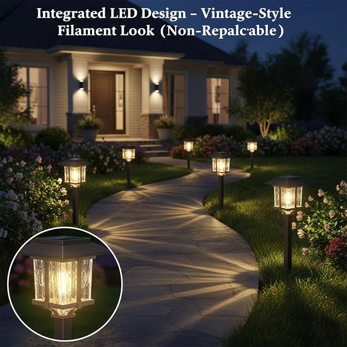 XMCOSY+ Solar Outdoor Lights Waterproof, 2-Tone Solar Garden Lights, 6 Pack | IP65 Waterproof Warm Glow, White Water Glass & Stainless Steel, Landscaping Decor for Garden Yard Pathway Driveway Walkway