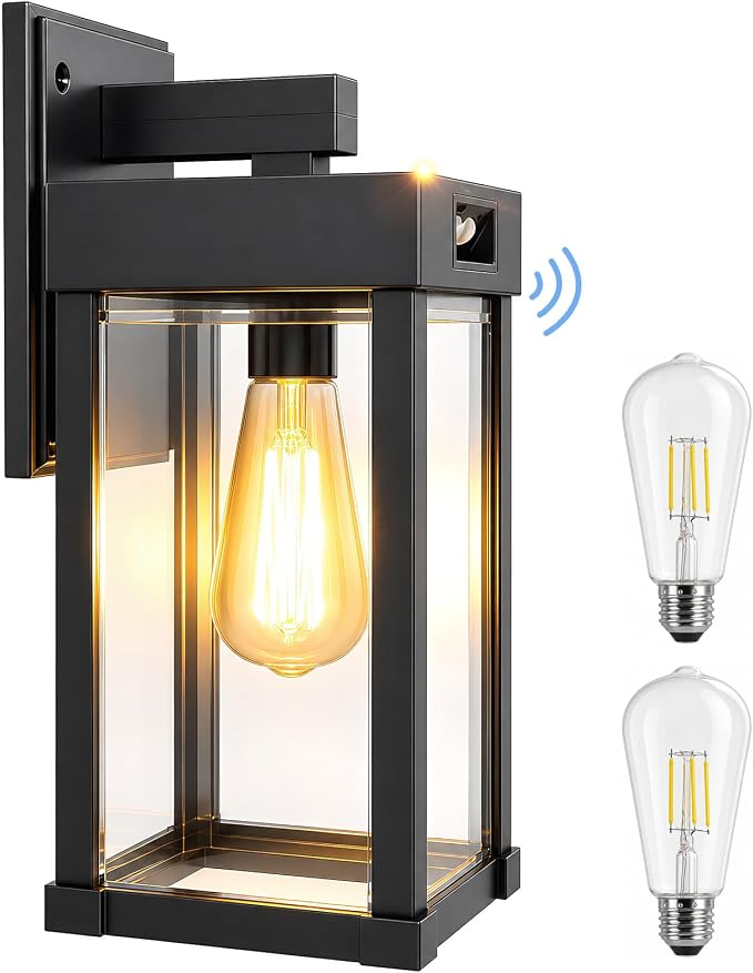 Solar Wall Lights Outdoor, Solar Sconce Lantern with 3 Lighting Modes | Motion Sensor, Porch Light Fixture Outside Waterproof with Clear Panel for Garage Yard Front Door Shed