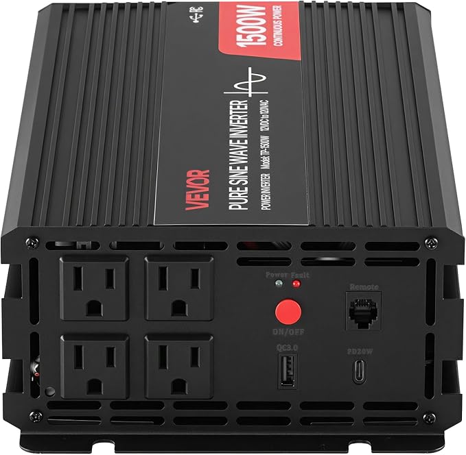 VEVOR 1500W Power Inverter, 12V DC to 120V AC Pure Sine Wave Inverter, Car Charger Converter with Remote Control, USB & Type-C Ports, 4 AC Outlets, Fast-Charging for RV, Truck Outdoor Camping