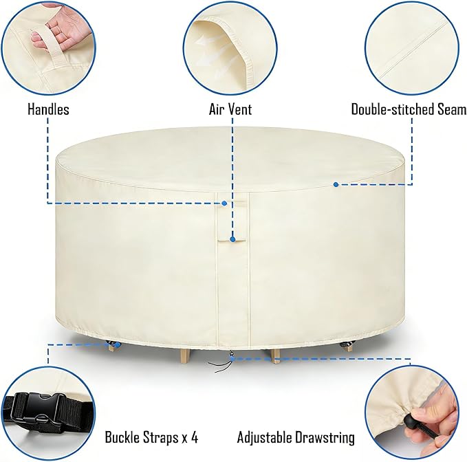 Round Patio Furniture Covers Waterproof, 84 Inch Outdoor High Round Table Cover, Tall Bar Height Outside Table and Chairs Set Covers for Winter, Rainproof Fadeproof - 84"Dia x 36"H, Beige