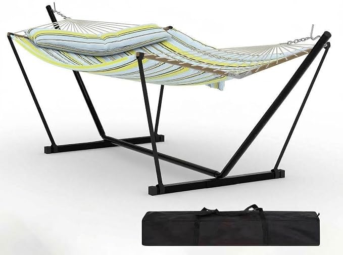 Double Hammock with Stand for Outdoor Use – 2-Person Portable Hammock with Curved Spreader Bar & Balance Ropes, Heavy Duty 450 LBS Capacity for Backyard, Patio & Camping, Green Blue Stripes
