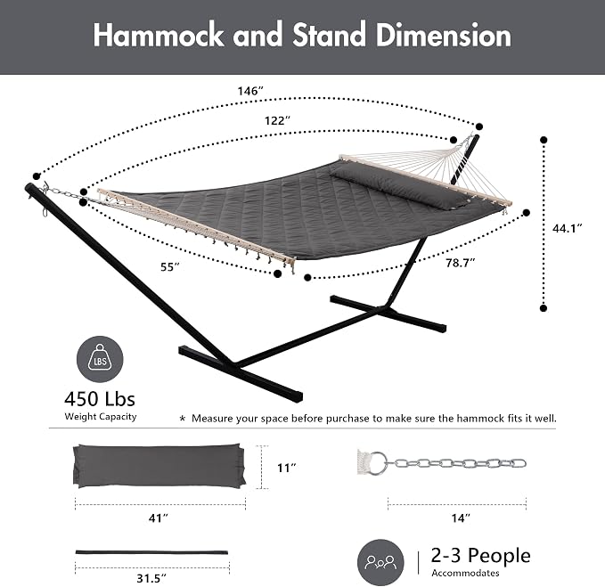 ANOW Double Hammock with 12FT Heavy Duty Steel Stand Included, 2 Person Hammock with Stand for Outdoors, 450 LBS Weight Capacity, Gray