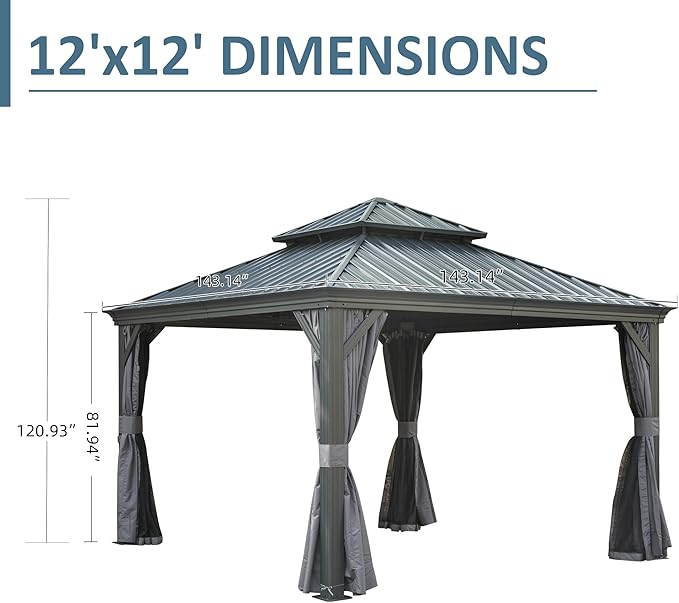Domi 12' X 12' Hardtop Gazebo, Upgraded Metal Gazebo with Drainage System, Dual-Layer Galvanized Steel Roof, Curtain and Netting, Outdoor Shelter Canopy for Patio, Garden, and Backyard, Grey