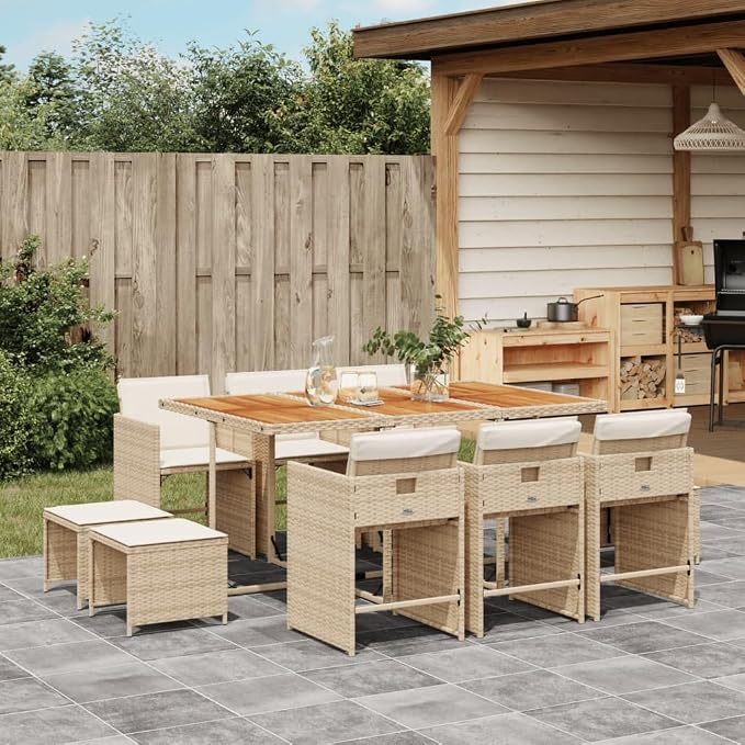 11 Piece Outdoor Patio Dining Set, 10-Seater Poly Rattan Garden Furniture with Acacia Wood Tabletop and Cushioned Chairs, Space-Saving Cube Design for Backyard Deck
