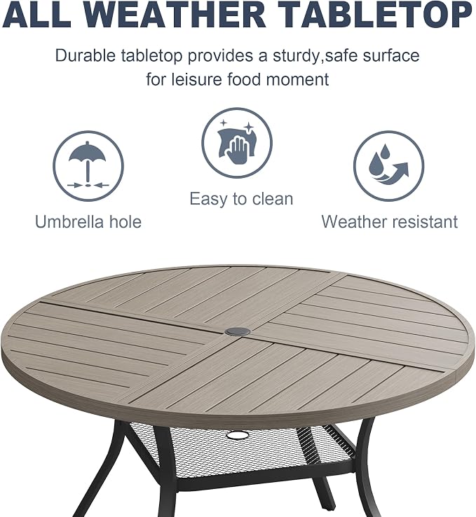 VICLLAX Patio 5 Pieces Outdoor Dining Set, 40.6" Round Metal Table with Umbrella Hole and Storage Shelf, 4 Swivel Textilene Chairs for Lawn, Garden, Porch, Grey