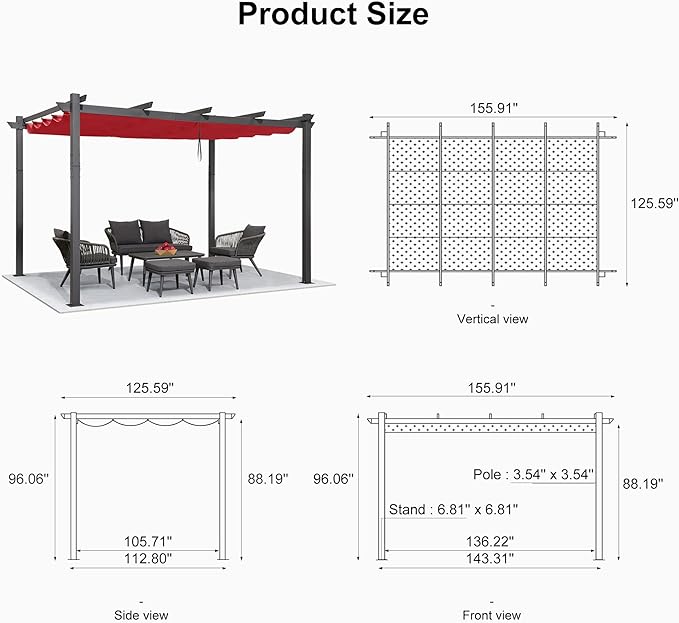 PURPLE LEAF 11' X 13' Outdoor Pergola with Retractable Canopy Aluminum Shelter for Porch Garden Beach Sun Shade Grape Trellis Pavilion Grill Gazebo Modern Backyard Deck Metal Patio Pergola Terra