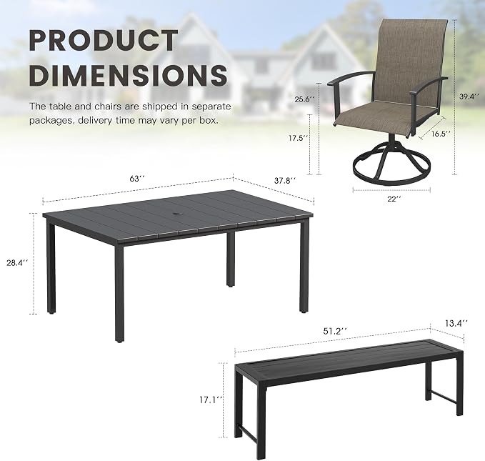 6 Pieces Patio Dining Set for 6-7 People, 63" Rectangular Patio Dining Table and Chairs Set with Outdoor Bench for Garden Deck, Mixed Brown & Black