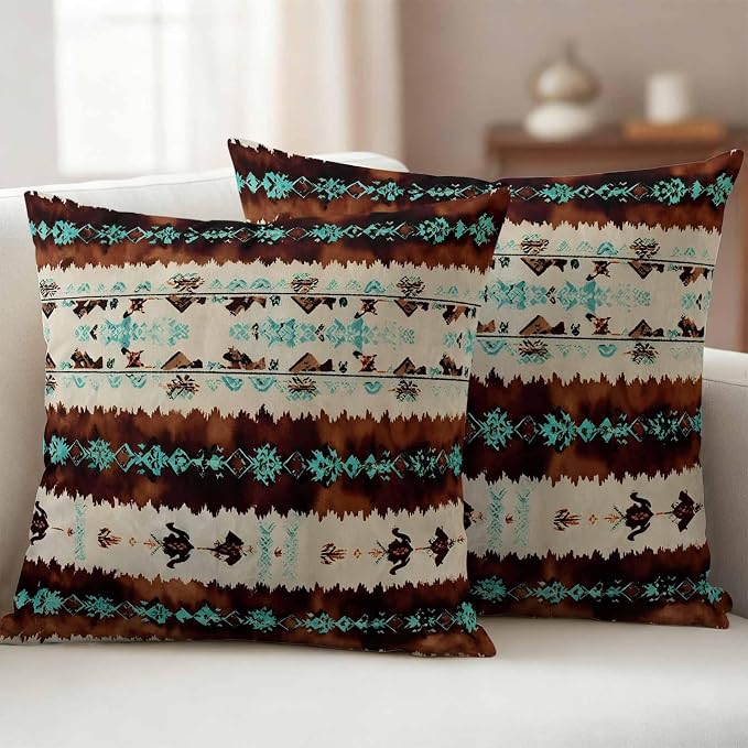 Western Aztec Outdoor Pillow Covers 18"x18" Set of 2, Brown Turquoise Tribal Ethnic Geometric Waterproof Throw Pillow Covers for Patio Furniture, Decorative Cushion Covers for Porch