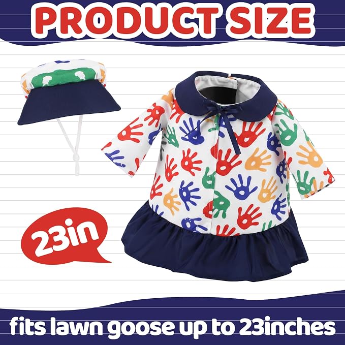 Outus Art Back to School Porch Goose Outfits Includes Colorful Handprint Dress Hat First Day of School Classroom Goose Clothing for Outdoor Garden Yard Patio Lawn 23" Statue