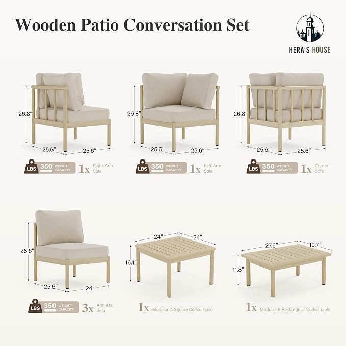 HERA'S HOUSE Patio Furniture,Acacia Wood Outdoor Sectional Sofa with 5.5" Ultra-Thick Cushions, L Shaped Modular Patio Conversation Set,Lawn Garden Backyard Couch Set with Nesting Tables,Beige