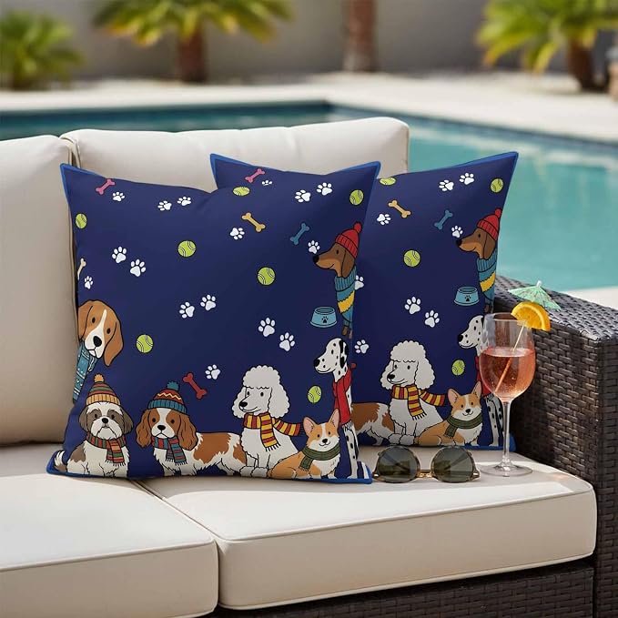 Cartoon Dogs Outdoor Pillow Covers 18x18 Inch Throw Pillow Covers Set of 2 Waterproof Decorative Pillow Cases Navy Blue Cute Animals Dogs Paws Prints Cushion Covers for Patio Furniture Garden Couch