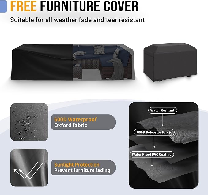 Outdoor Patio Furniture Set with 44" Fire Pit Table 8 Pieces Rattan Patio Sectional Sofa Conversation Set w/55000 BTU Propane Gas Fire Pit, Coffee Table, 2 Waterproof Covers, Grey