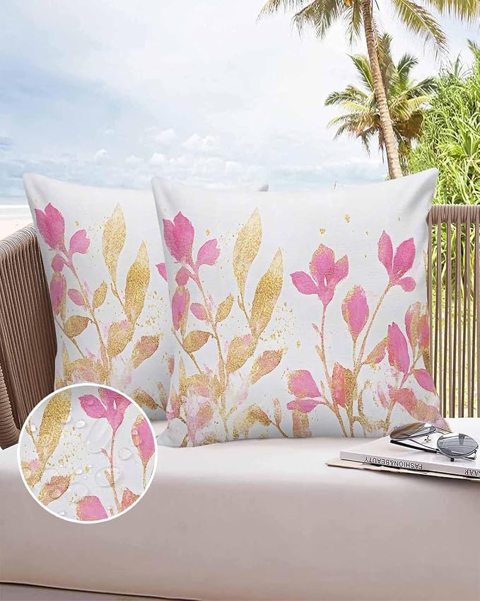 Vandarllin Outdoor Throw Pillows Covers 20x20 inch Set of 2 Waterproof Pink Yellow Flowers Decorative Zippered Cushion Covers for Patio Furniture, Wildflowers Lumbar Pillowcases