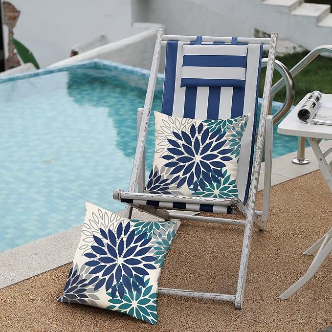 DFXSZ Outdoor Waterproof Pillow Covers 20x20 Set of 2 NavyBlue Green Flower | Spring Summer Waterproof Flower Throw Pillowcases（No Inserts）Outdoor Decor for Patio Funiture Garden Polyester Covers