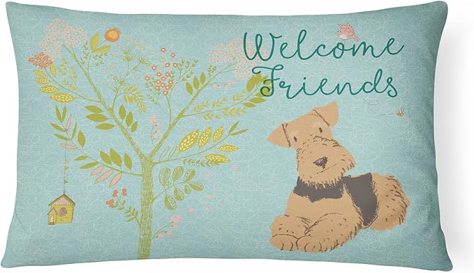 Caroline's Treasures BB7625PW1216 Welcome Friends Airedale Terrier Canvas Fabric Decorative Pillow Machine Washable, Indoor Outdoor Decorative Pillow for Couch, Bed or Patio, 12HX16W