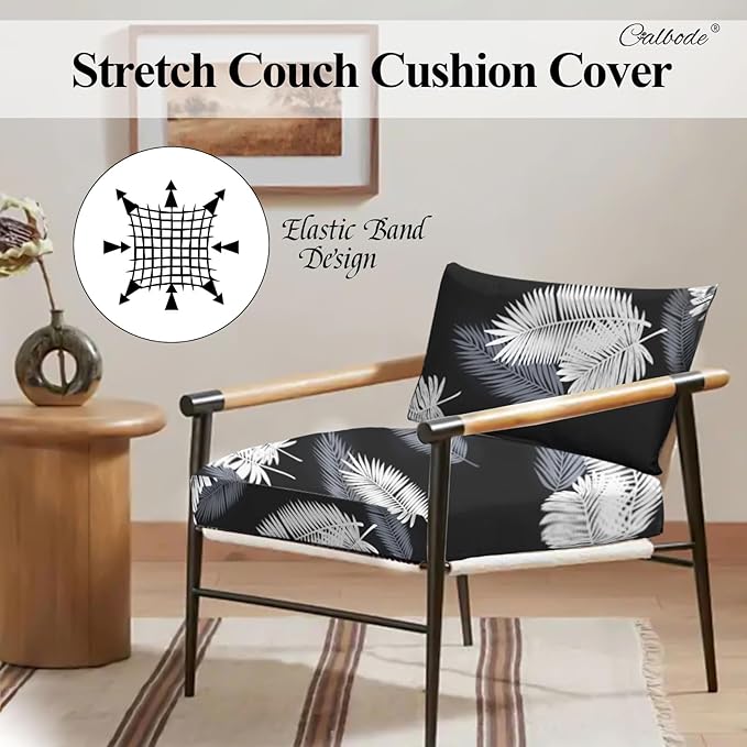CALBODE 14Pcs Stretch Patio Cushion Covers Dustproof Outdoor Cushion Covers Washable Patio Couch Cover Slipcovers for Outdoor Furniture Protector Replacement(Black Palm Leaves, Cover Only)