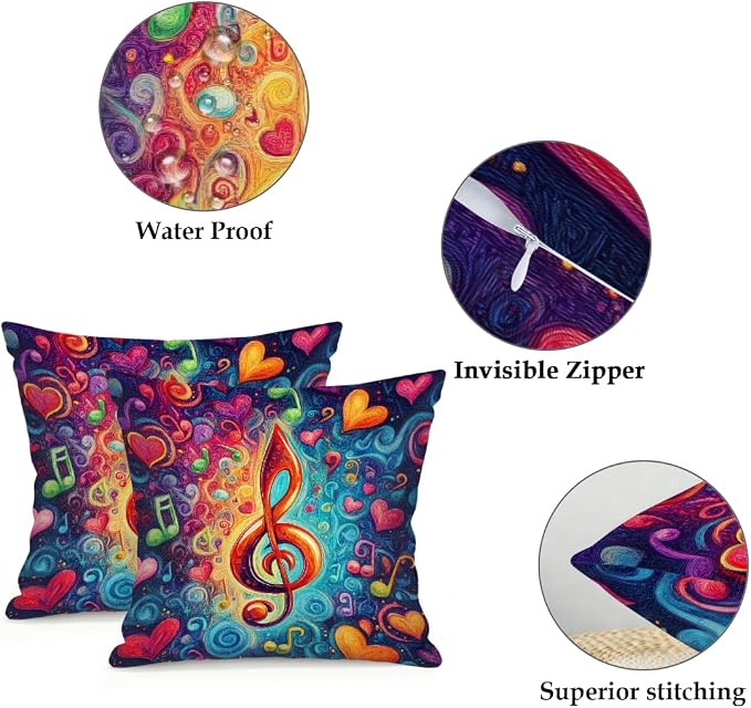 20x20 Inch Outdoor Pillow Covers Set of 2 Waterproof Throw Pillow Covers Decorative Couch Cushion Covers Music Note Hearts Neon Square Pillowcases Protectors for Patio Garden Sofa