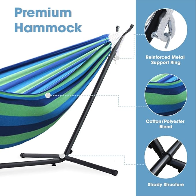 550lbs Capacity Double Hammock Adjustable Hammock Bed with 10ft Heavy Duty Steel Stand Includes Portable Carrying Case, Easy Set up Blue/Green a