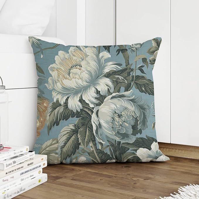 Spa On Flax Blue Chinoiserie Pillowcase Grey Peony Asian Pillowcase 18x18 INModern Accent Decorative Cushion Covers Home Decor for Living Bed Room Patio Home