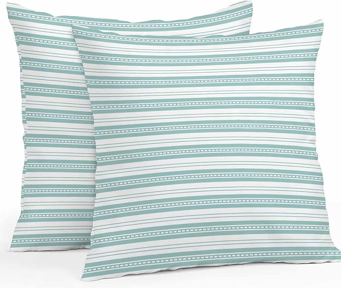 Boho Turquoise Stripe Waterproof Outdoor Pillow Covers Set of 2 Home Decor, Abstract Geometric White Minimalist Pillowcase Patio Pillow Covers for Couch Bench Furniture Garden 16x16in
