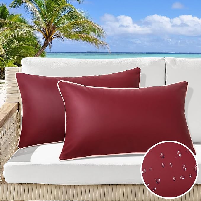 Pack of 2 Outdoor Waterproof Silicone Leather Pillow Covers 12x20 Inch Outdoor UV Fade Resistant Lumbar Pillow Cover for Patio Tent Sunbrella Couch, Burgundy