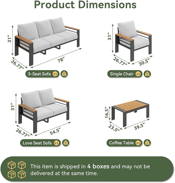 Aoxun Patio Furniture Set, 7 Piece Aluminum Patio Sets with 5" Thicken & Washable Cushion, Waterproof Outdoor Furniture with Coffee Table, Outdoor Couch Sectional for Backyard, Porch and Garden