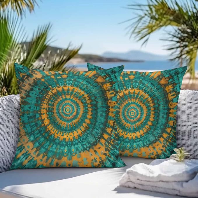 Vandarllin Outdoor Throw Pillows Covers 20x20 inch Set of 2 Waterproof Turquoise Yellow Tie-Dye Art Decorative Zippered Cushion Covers for Patio Furniture, Abstract Boho Tribe Lumbar Pillowcases