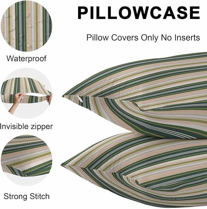 Green Brown Striped Outdoor Pillow Covers 26x26 Inch Throw Pillow Covers Set of 2 Waterproof Decorative Pillow Cases Modern Stripes Art Farmhouse Cushion Covers for Patio Furniture Garden Couch Sofa