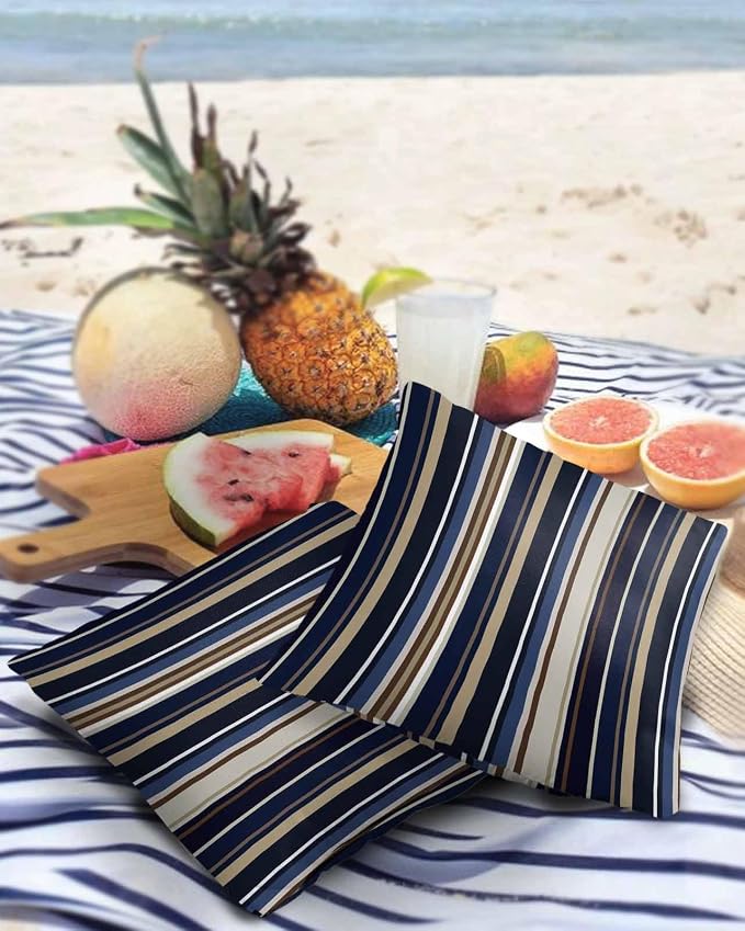 Outdoor Waterproof Pillow Covers for Patio Simple Stripe Decorative Throw Pillow Cover Blue And Brown Geometric Pattern Pillowcases Set of 2 Cushion Case for Sofa Couch Chair Home Decor 16x16 inch