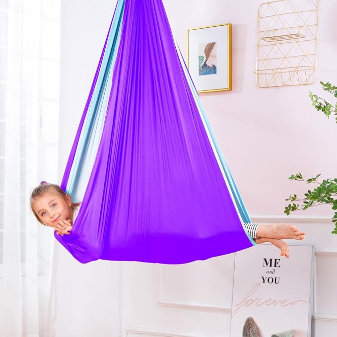 Therapy Swing Hammock Kids Cuddle Sensory Swing Indoor Therapeutic Hammock 360° Rotating Double Layer Elastic Rocking Cloth Swing Gifts for Children with ADHD SPD Asperger Autism (Purple+Sky Blue)