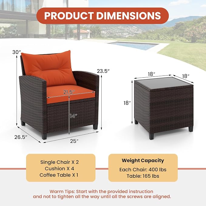 RELAX4LIFE 3 Piece Patio Furniture Set, Wicker Bistro Conversation Set w/2 Cushioned Armchairs & Glass Topped Table, Outdoor Rattan Sofa Set Patio Furniture for Porch Balcony Poolside (Orange)