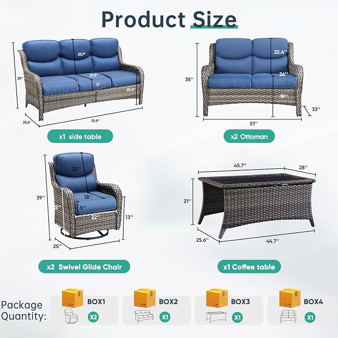 Outdoor Swivel Rocker Patio Chairs Set of 5 with Loveseat - 5" Thick Cushion 5 Piece Furniture Set with Sofa All Weather Wicker Conversation Set for Porch Deck - Grey Wicker | Blue Cushions