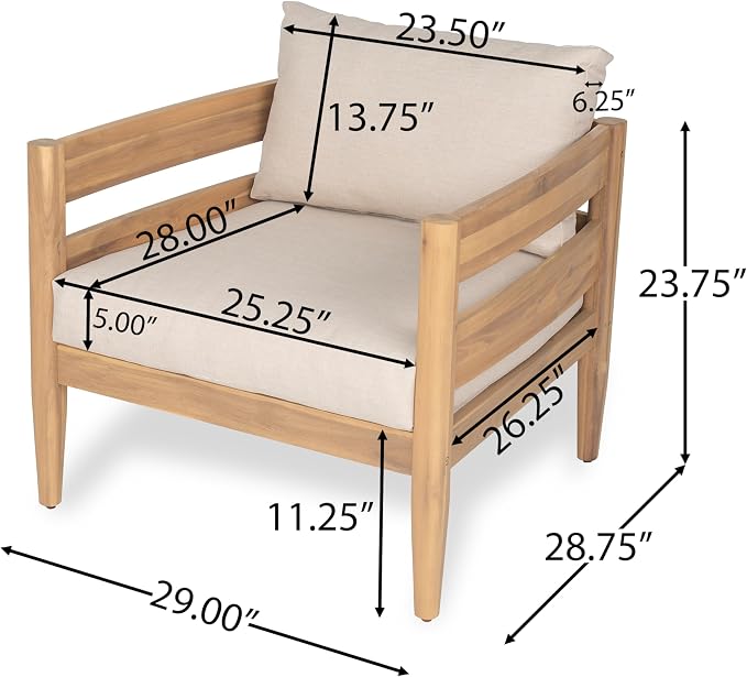 Christopher Knight Home Kory 5-Piece Acacia Wood Patio Furniture Set, Outdoor Conversation Sofa Chat Set with Club Chair and Coffee Table, Patio 7-Seater Seating Group for Backyard Balcony, Teak+Beige