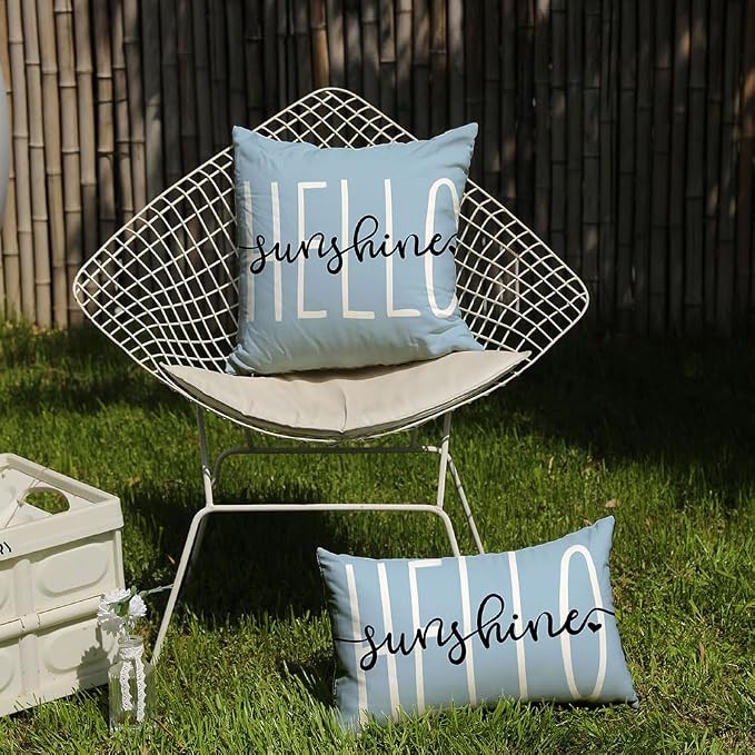 DFXSZ Sky Blue Outdoor Waterproof Pillow Covers 18x18 Set of 2 | Hello Sunshine Decor Spring Summer Polyester Pillow Covers(NO INSERTS)| Decor for Patio Funiture Garden Sofa Couch